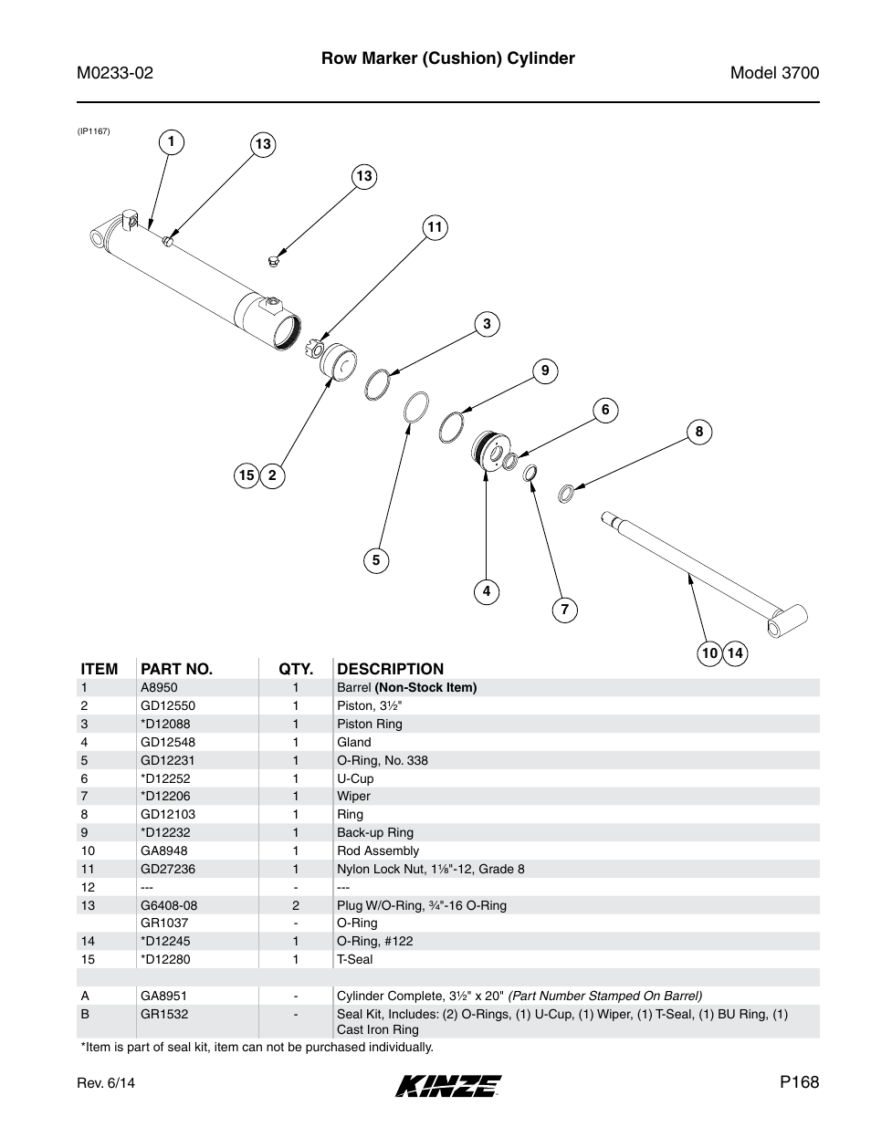 Row marker (cushion) cylinder, P168 | Kinze 3700 Front Folding Planter Rev. 6/14 User Manual | Page 171 / 284