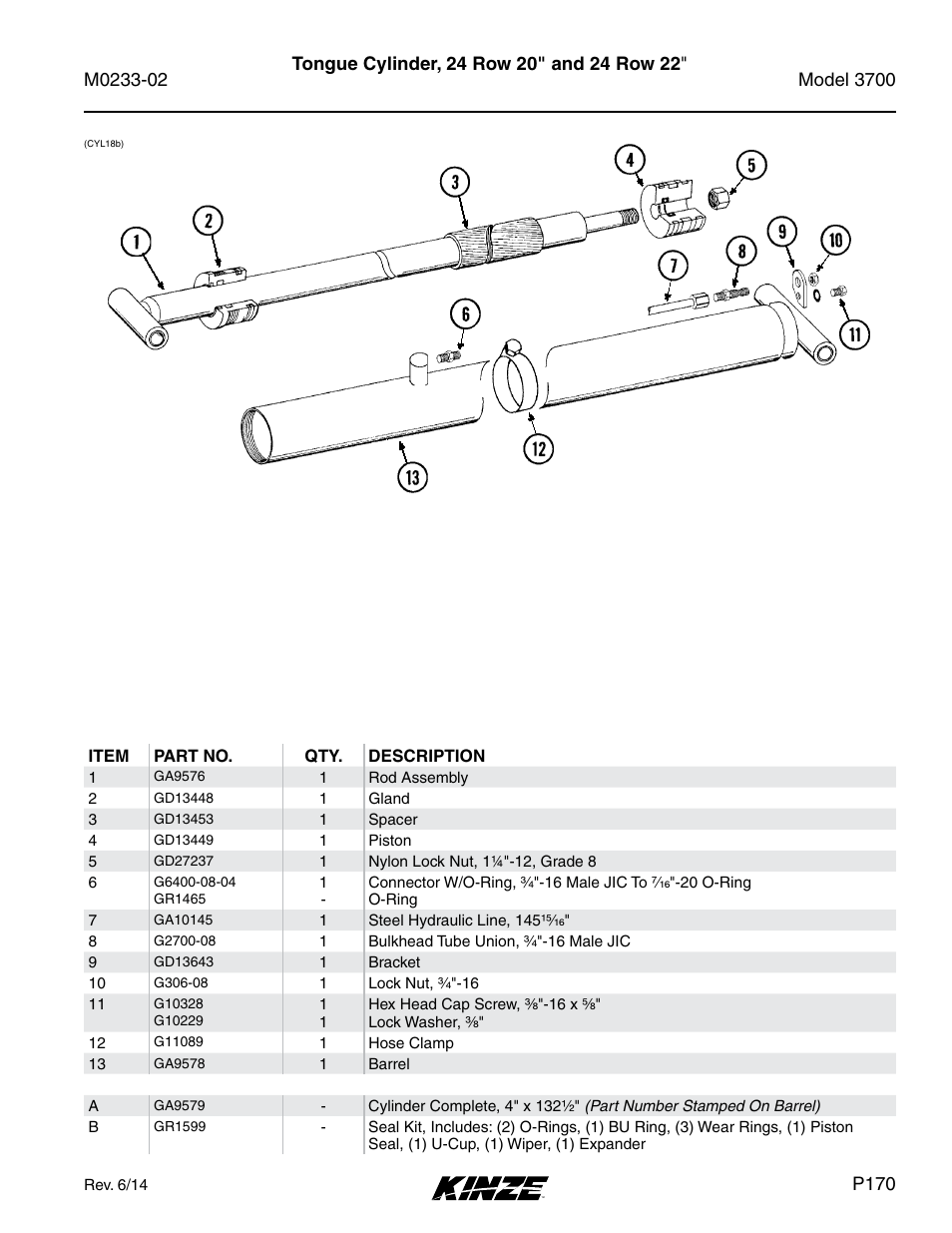 Tongue cylinder, 24 row 20" and 24 row 22 | Kinze 3700 Front Folding Planter Rev. 6/14 User Manual | Page 173 / 284