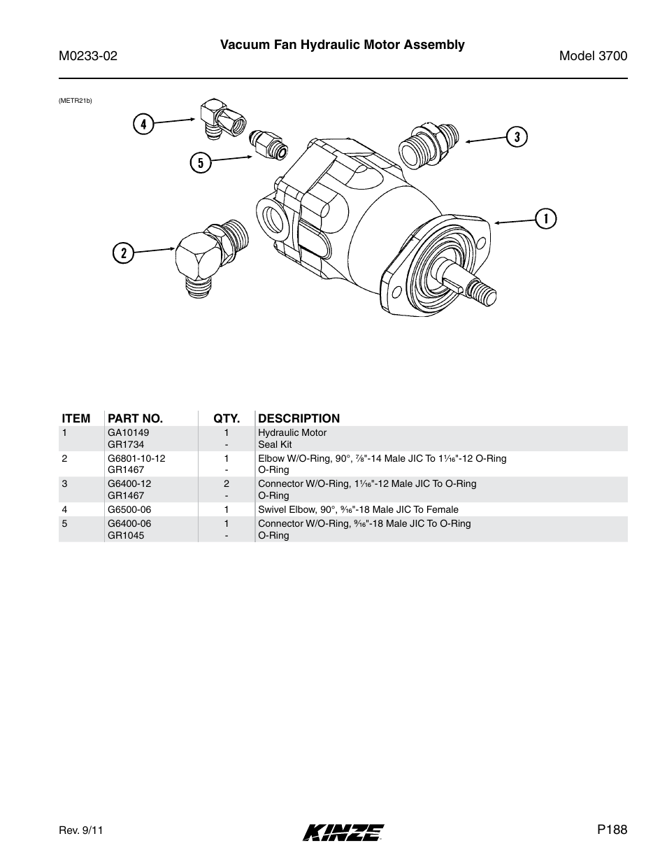 Vacuum fan hydraulic motor assembly, P188 | Kinze 3700 Front Folding Planter Rev. 6/14 User Manual | Page 191 / 284