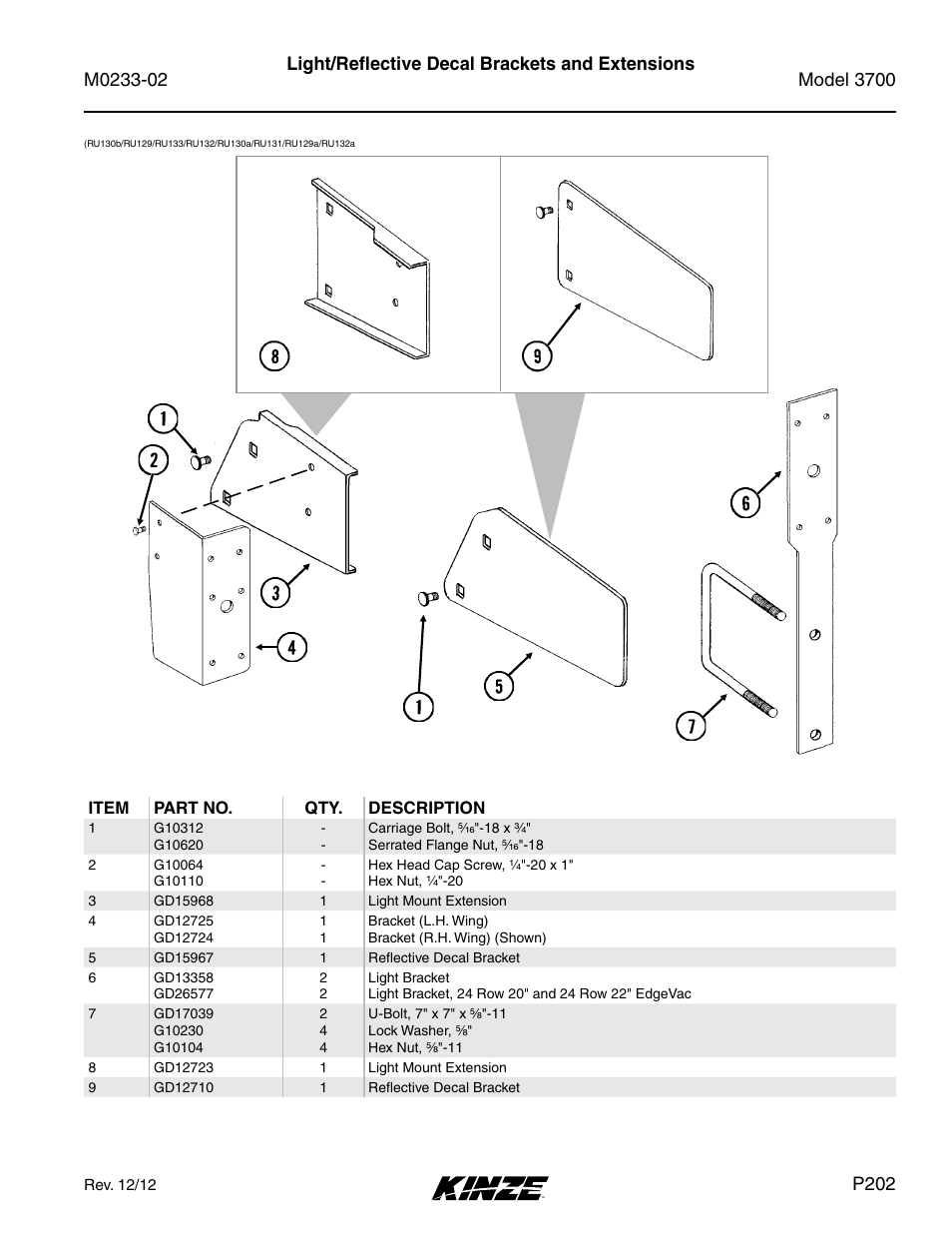 Light/reflective decal brackets and extensions, P202 | Kinze 3700 Front Folding Planter Rev. 6/14 User Manual | Page 205 / 284