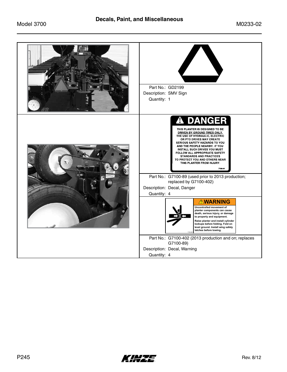 Decals, paint, and miscellaneous, Decals, paint, and miscellaneous . . . . p245, Warning | Kinze 3700 Front Folding Planter Rev. 6/14 User Manual | Page 248 / 284