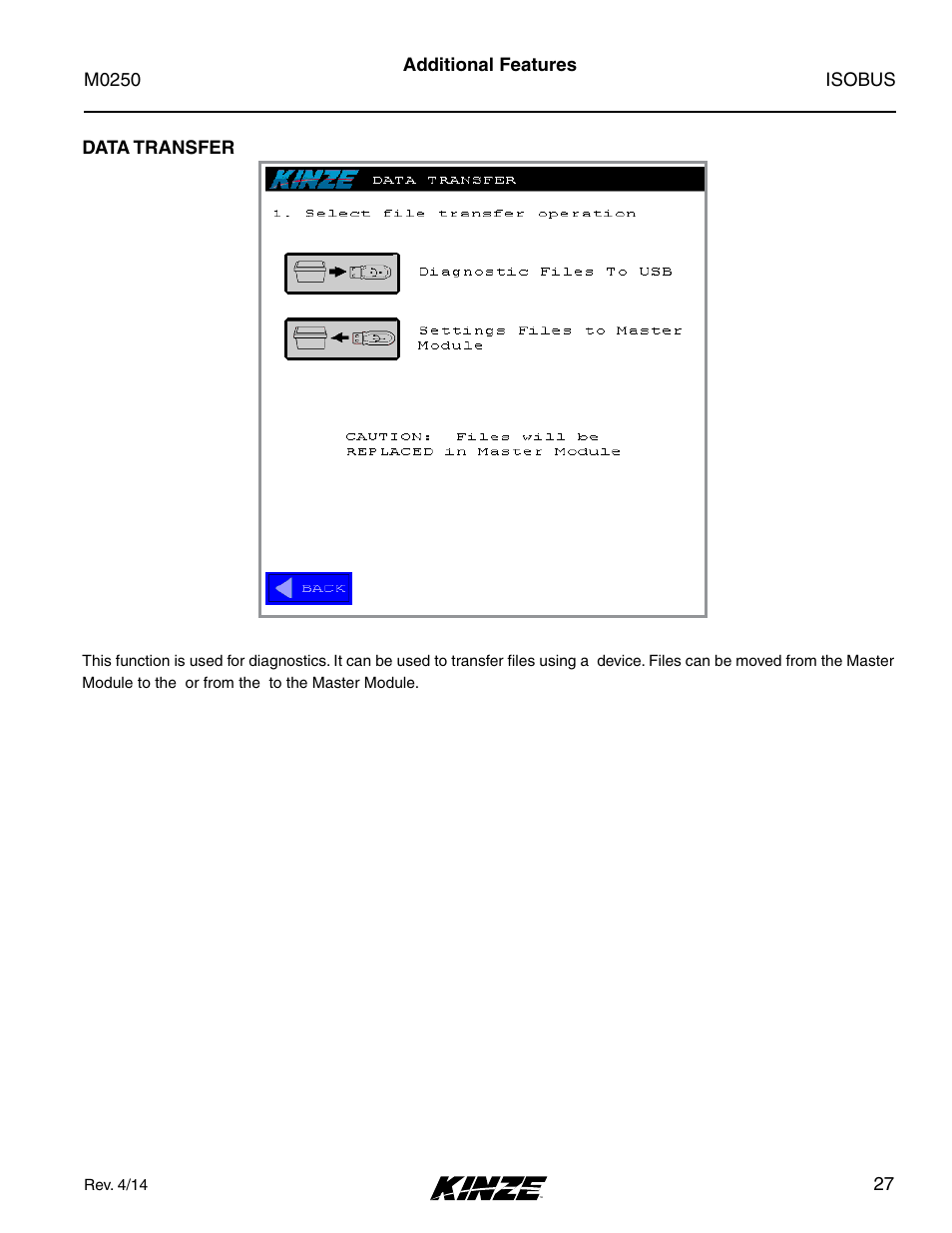 Additional features, Data transfer | Kinze ISOBUS Electronics Package (4900) Rev. 4/14 User Manual | Page 31 / 60