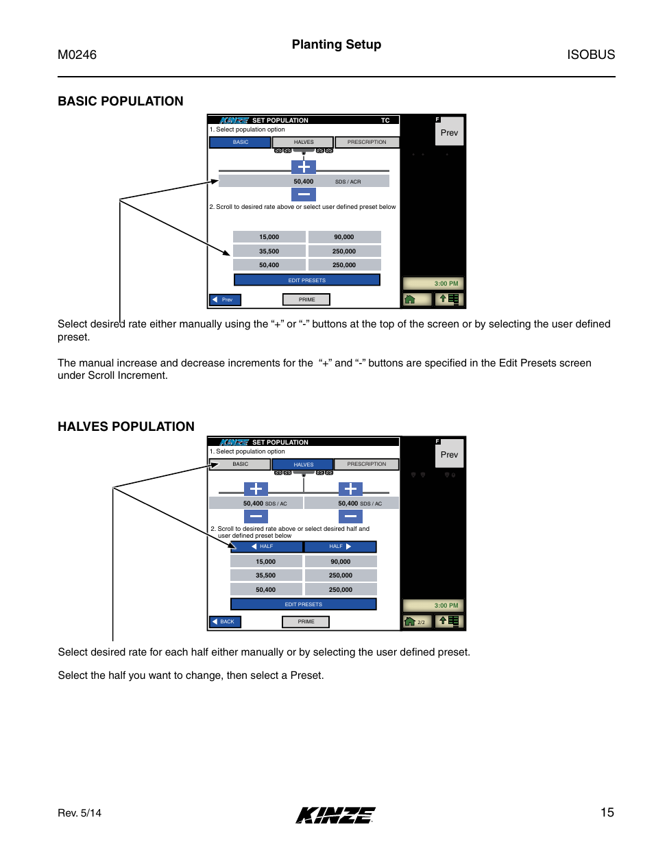 Basic population, Halves population, Basic population halves population | Isobus m0246, 15 basic population halves population, Planting setup, Rev. 5/14 | Kinze ISOBUS Electronics Package (3000 Series) Rev. 5/14 User Manual | Page 21 / 46