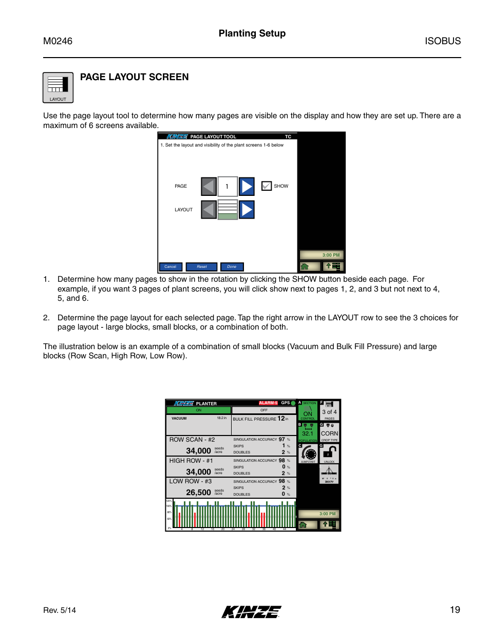 Isobus m0246, 19 page layout screen, Planting setup | Rev. 5/14 | Kinze ISOBUS Electronics Package (3000 Series) Rev. 5/14 User Manual | Page 25 / 46