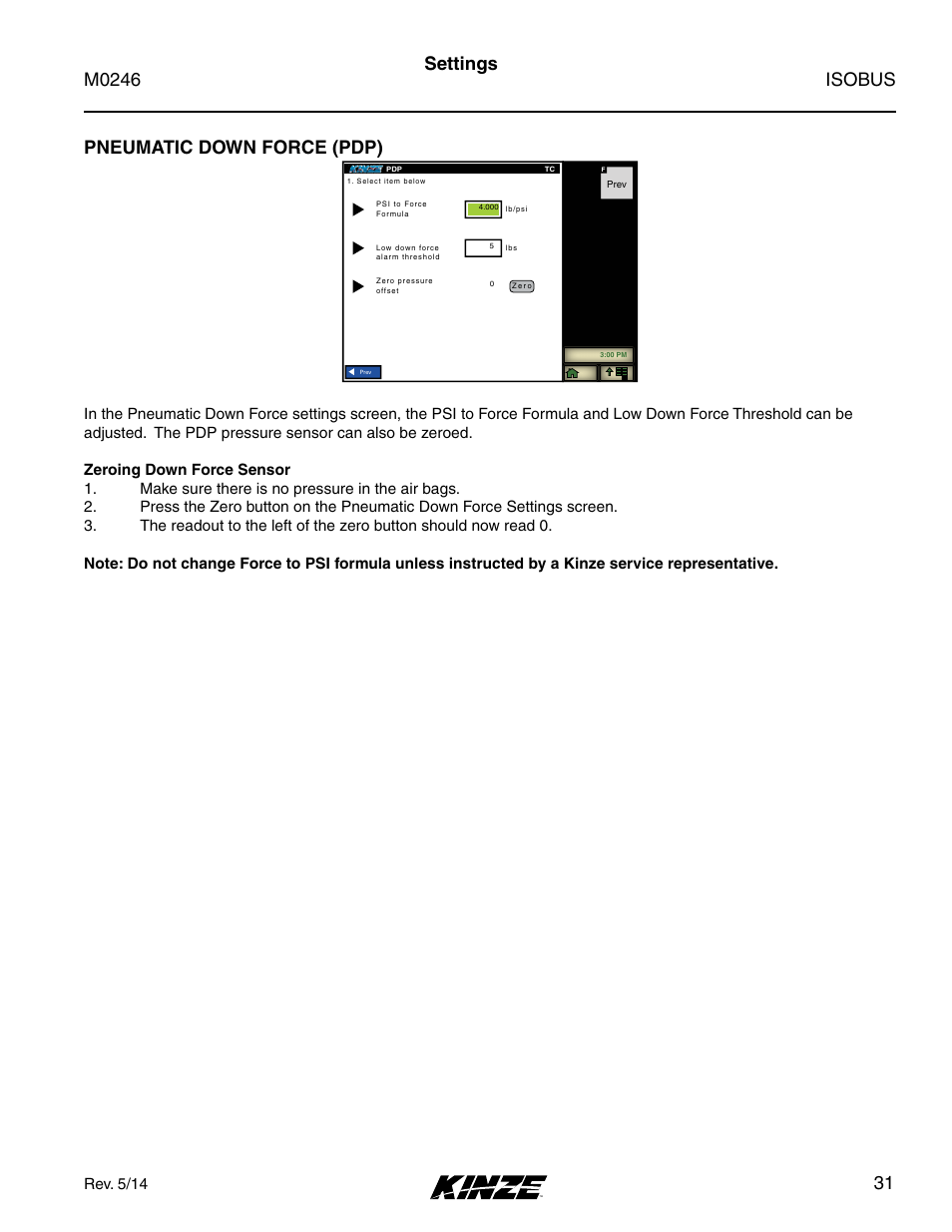 Pneumatic down force (pdp), Isobus m0246, 31 pneumatic down force (pdp) | Settings, Rev. 5/14 | Kinze ISOBUS Electronics Package (3000 Series) Rev. 5/14 User Manual | Page 37 / 46