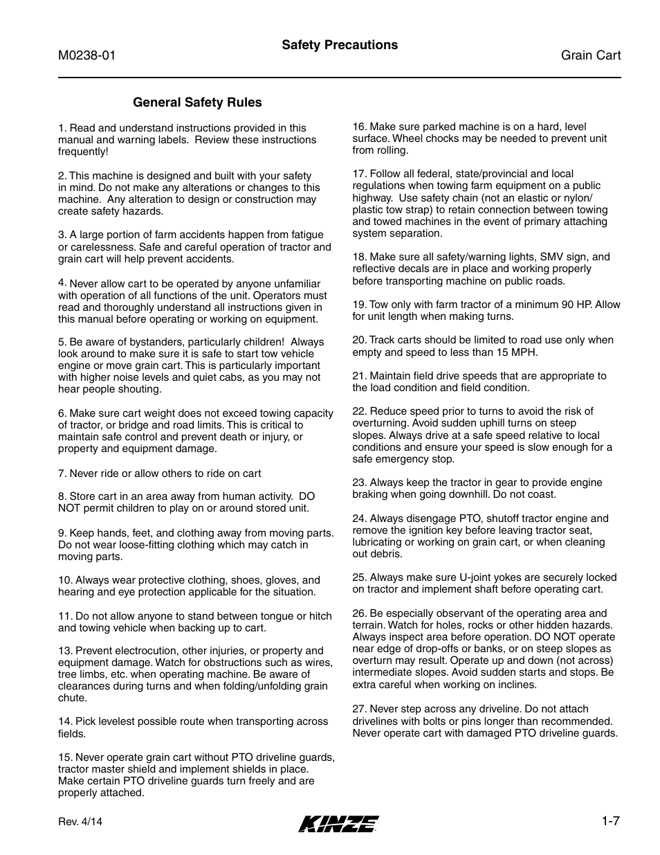 General safety rules, Safety precautions, General safety rules -7 | Safety precautions -7 | Kinze Grain Carts Rev. 7/14 User Manual | Page 13 / 70