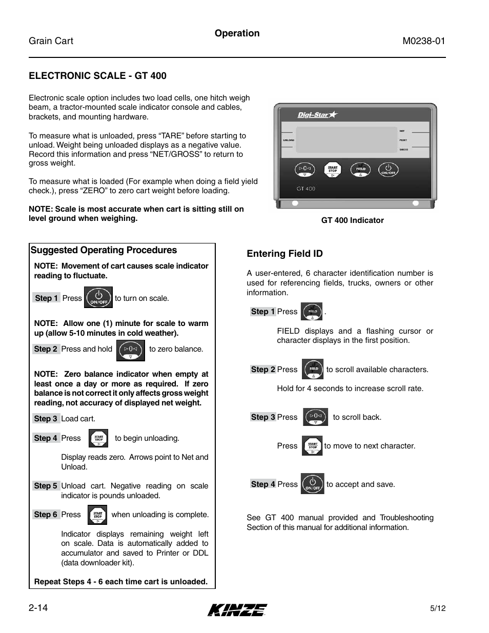 Electronic scale - gt 400, Electronic scale - gt 400 -14 | Kinze Grain Carts Rev. 7/14 User Manual | Page 28 / 70