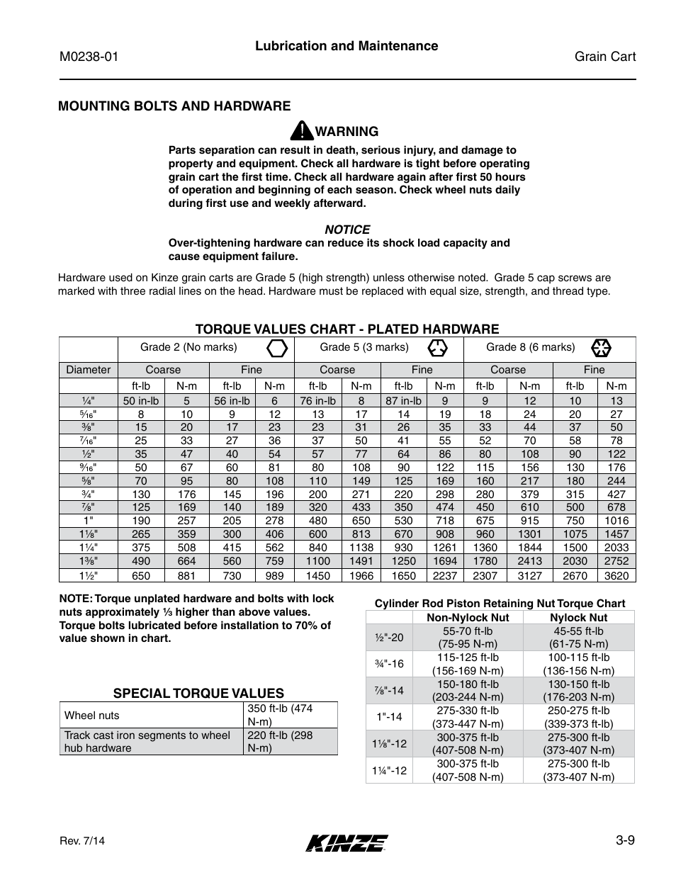 Mounting bolts and hardware, Torque values chart - plated hardware, Mounting bolts and hardware -9 | Torque values chart - plated hardware -9 | Kinze Grain Carts Rev. 7/14 User Manual | Page 45 / 70