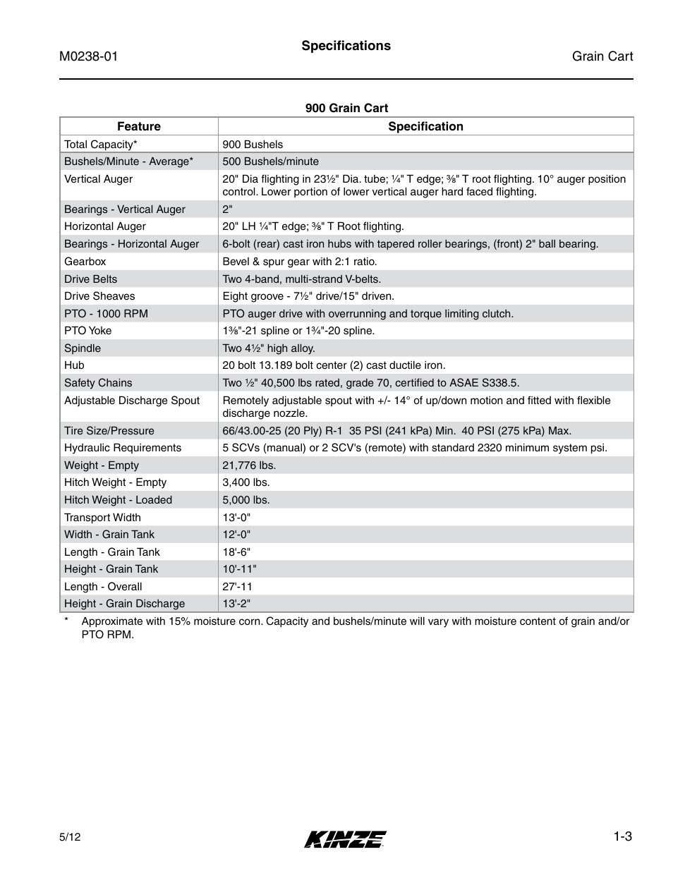 Specifications, Specifications -3 | Kinze Grain Carts Rev. 7/14 User Manual | Page 9 / 70
