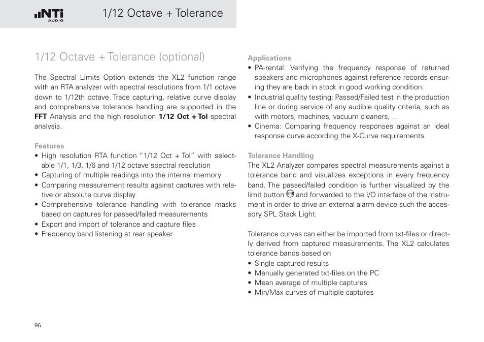 1/12 octave + tolerance (optional) | NTi Audio XL2 Sound Level Meter User Manual | Page 96 / 240