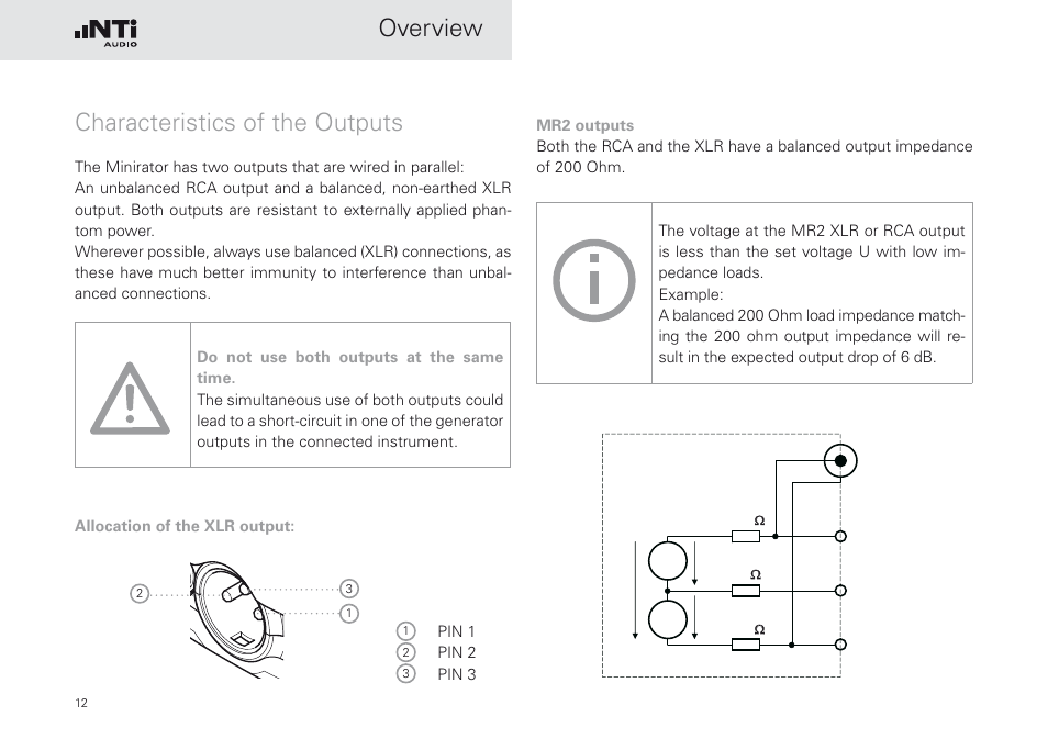 Characteristics of the outputs, Overview, Xlr rca | NTi Audio Minirator MR-PRO User Manual | Page 12 / 52