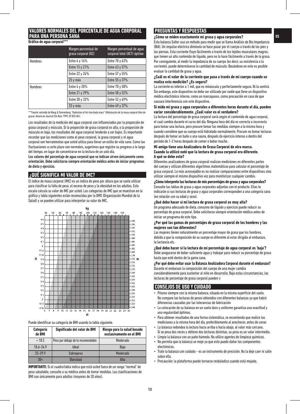 Qué significa mi valor de imc, Preguntas y respuestas, Consejos de uso y cuidado | Salter 9141 WH3R UST Glass Analyser Scale User Manual | Page 13 / 60