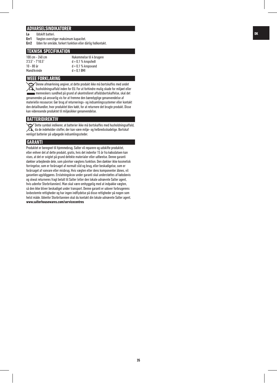 Advarselsindikatorer, Teknisk specifikation, Weee forklaring | Batteridirektiv, Garanti | Salter 9141 WH3R UST Glass Analyser Scale User Manual | Page 35 / 60