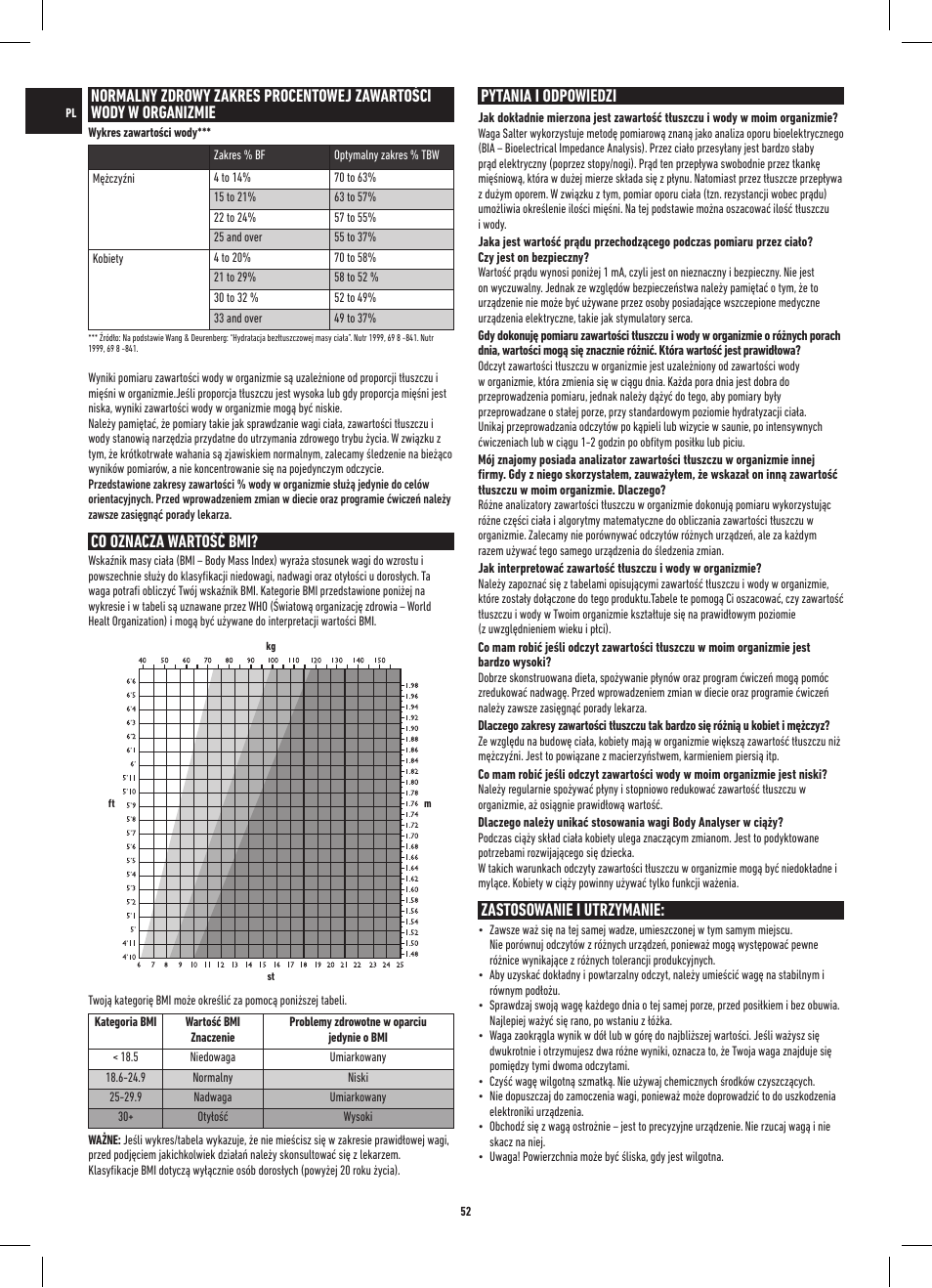 Co oznacza wartość bmi, Pytania i odpowiedzi, Zastosowanie i utrzymanie | Salter 9141 WH3R UST Glass Analyser Scale User Manual | Page 52 / 60