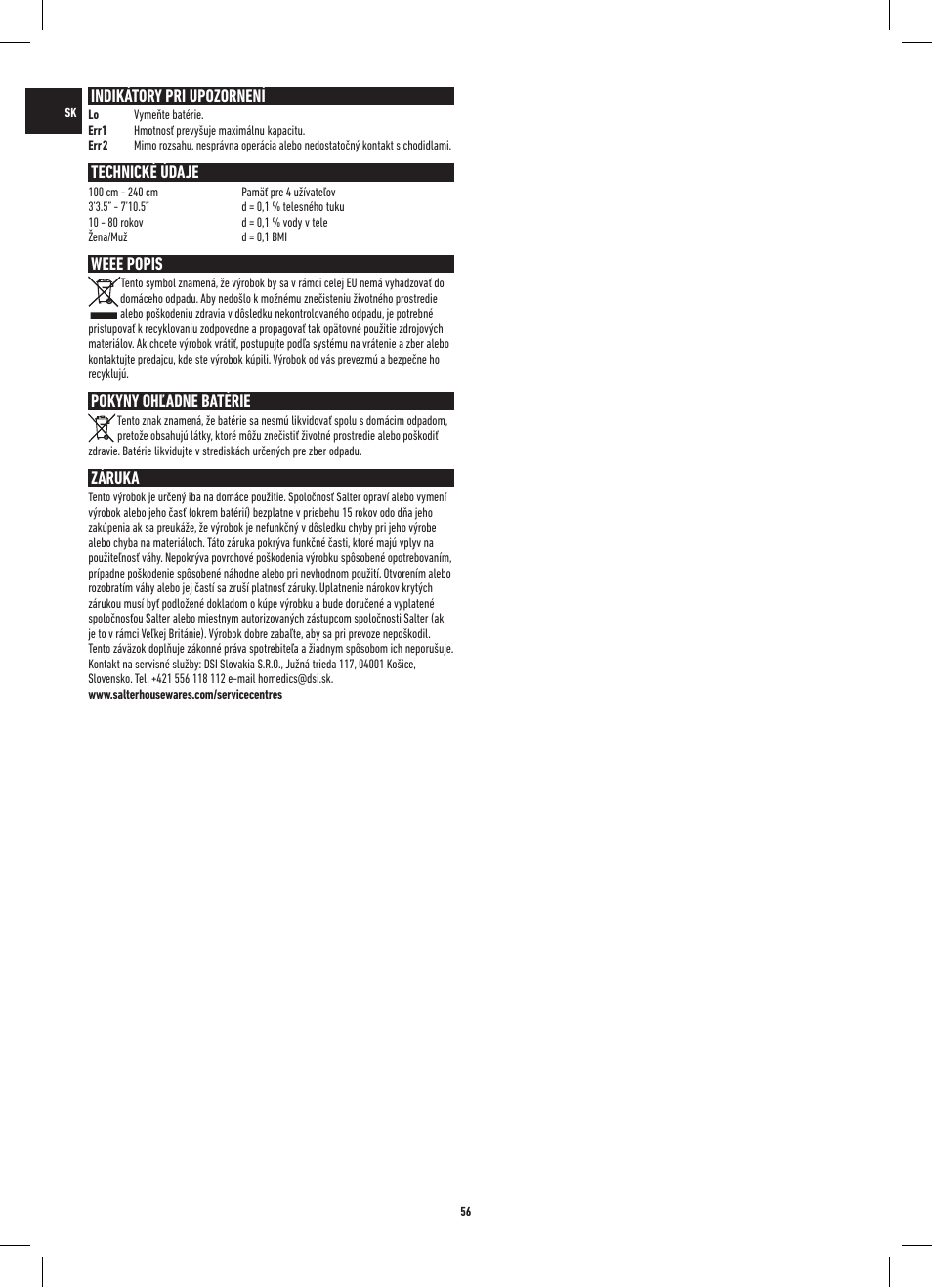Indikátory pri upozornení, Technické údaje, Weee popis | Pokyny ohľadne batérie, Záruka | Salter 9141 WH3R UST Glass Analyser Scale User Manual | Page 56 / 60