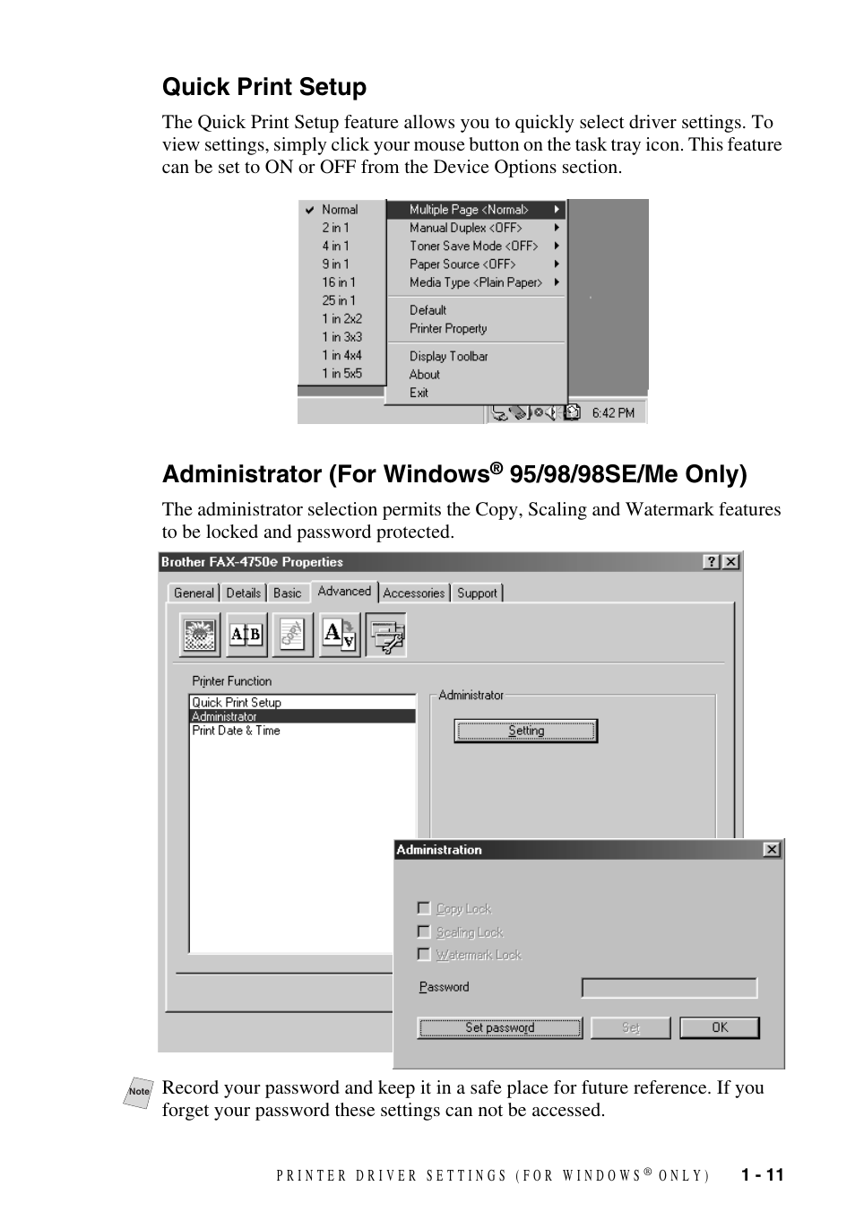 Quick print setup, Administrator (for windows® 95/98/98se/me only), Quick print setup -11 administrator (for windows | 95/98/98se/me only) -11, Administrator (for windows | Brother IntelliFAX 4100e User Manual | Page 14 / 25