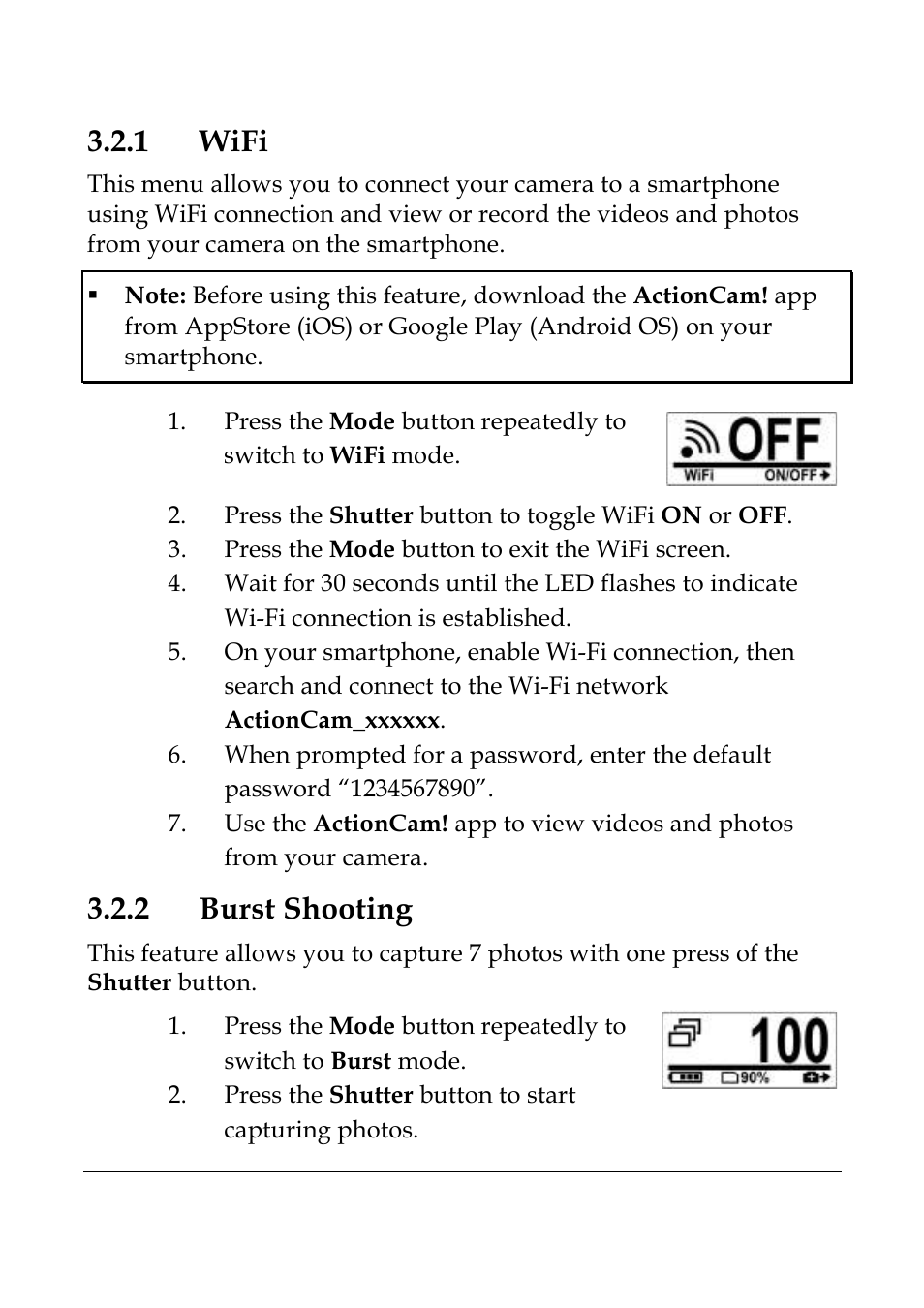 1 wifi, 2 burst shooting | WASPcam GIDEON HD Action Camera User Manual | Page 29 / 69