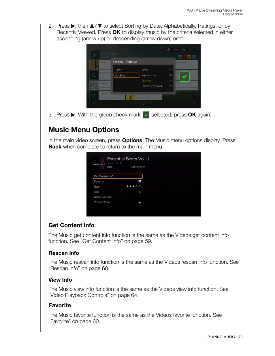 Music menu options, Get content info, Rescan info | View info, Favorite | Western Digital WD TV Live Streaming Media Player (Gen 3) User Manual User Manual | Page 78 / 237