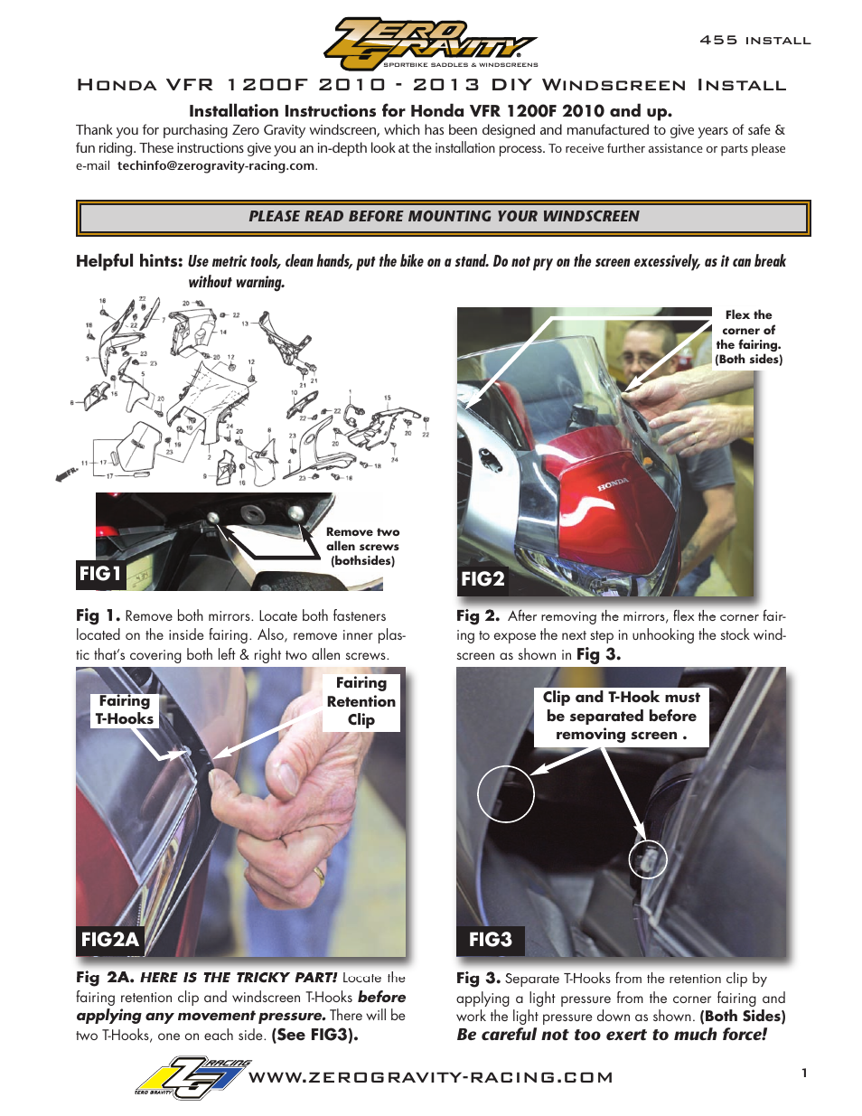Zero Gravity Honda VFR 1200F (2010 and up) Windscreen User Manual | 3 pages