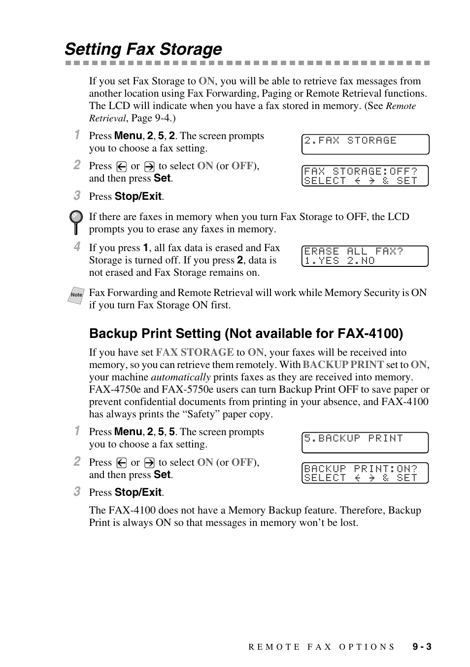 Setting fax storage, Backup print setting (not available for fax-4100), Setting fax storage -3 | Brother IntelliFAX 4100e User Manual | Page 89 / 156