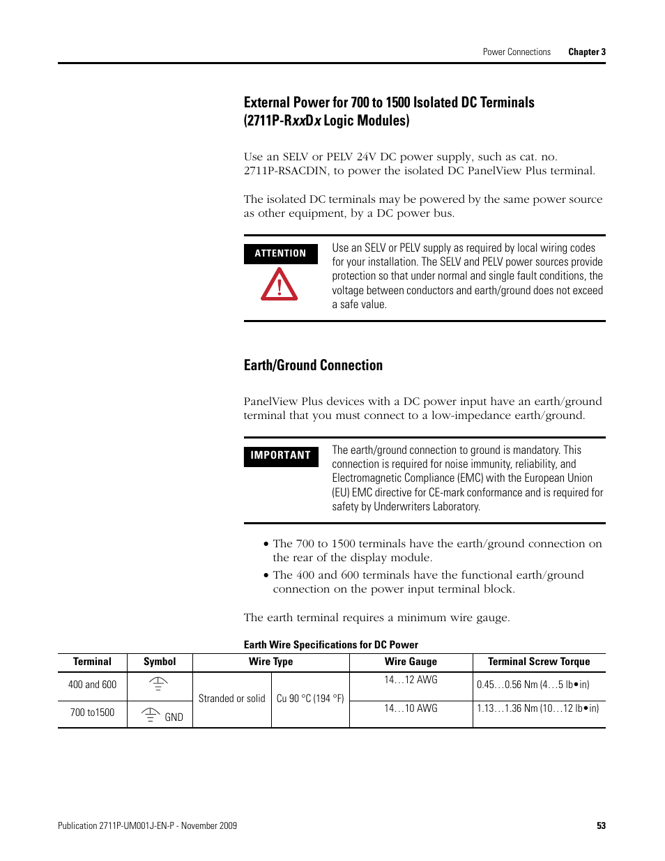 Earth/ground connection | Rockwell Automation 2711P PanelView Plus Terminal User Manual User Manual | Page 53 / 246