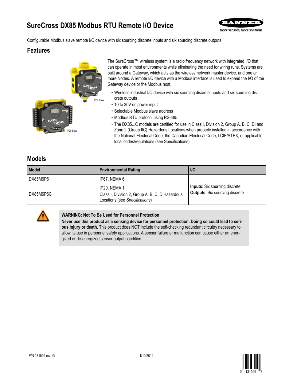 Banner SureCross DX85 Expandable Remote I/O User Manual | 9 pages