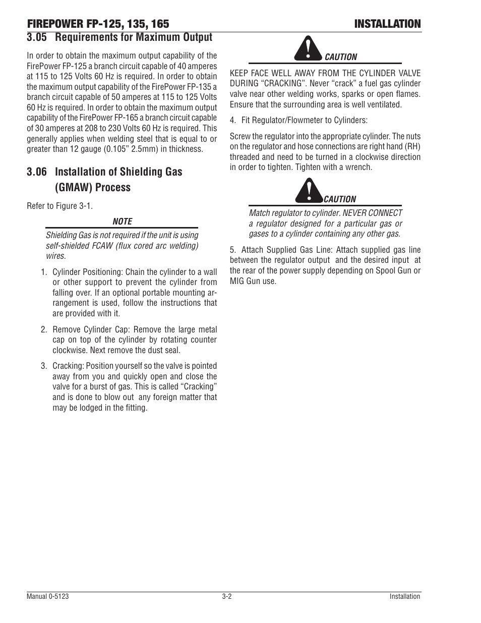 05 requirements for maximum output, 06 installation of shielding gas (gmaw) process, Requirements for maximum output -2 | Installation of shielding gas (gmaw) process -2 | Tweco FP-165 Mini MIG User Manual | Page 23 / 60