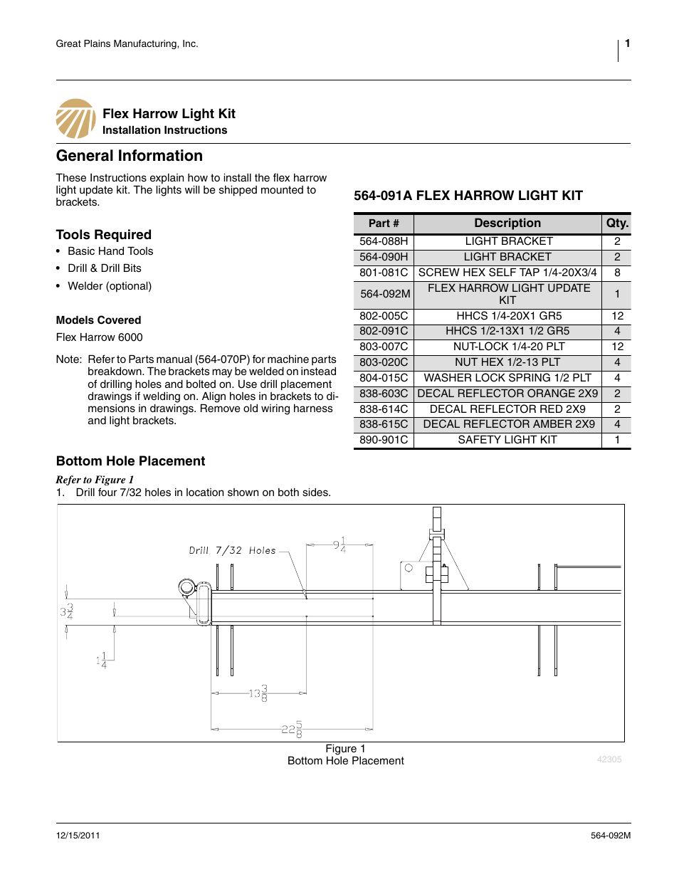 Great Plains Flex Harrow Light Kit User Manual | 2 pages