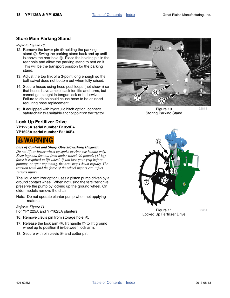 Store main parking stand, Lock up fertilizer drive, Yp1225a serial number b1059e | Yp1625a serial number b1106f, Store main parking stand lock up fertilizer drive | Great Plains YP1625A Operator Manual User Manual | Page 22 / 172