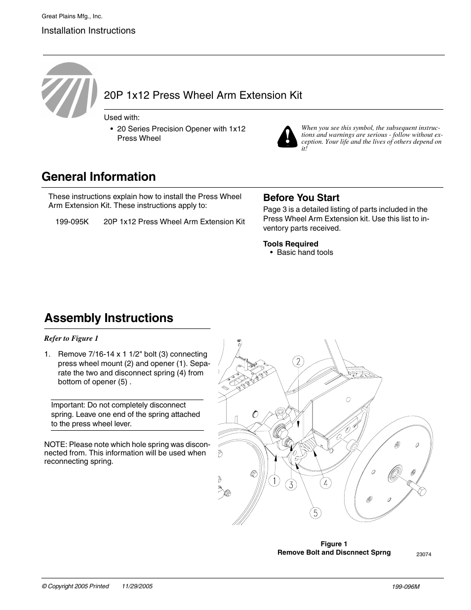 Great Plains 20P 1x12 Press Wheel Arm Extension Kit User Manual | 3 pages
