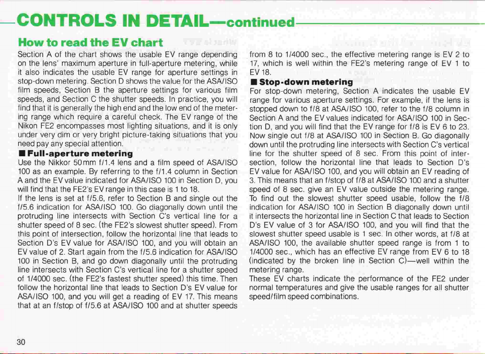What is ev, Ev range of the camera | Nikon fe2 User Manual | Page 30 / 66