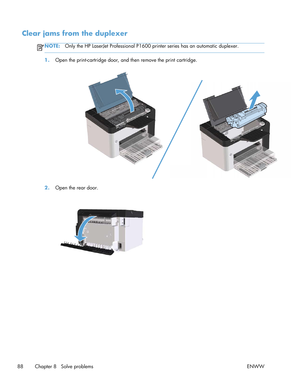 Clear jams from the duplexer | HP Laserjet p1606dn User Manual | Page 100 / 152