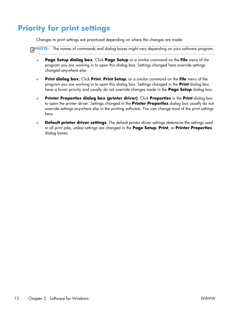 Priority for print settings | HP Laserjet p1606dn User Manual | Page 24 / 152