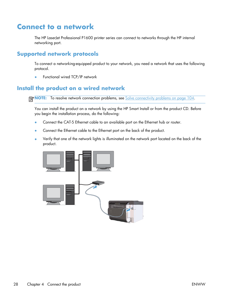 Connect to a network, Supported network protocols, Install the product on a wired network | HP Laserjet p1606dn User Manual | Page 40 / 152