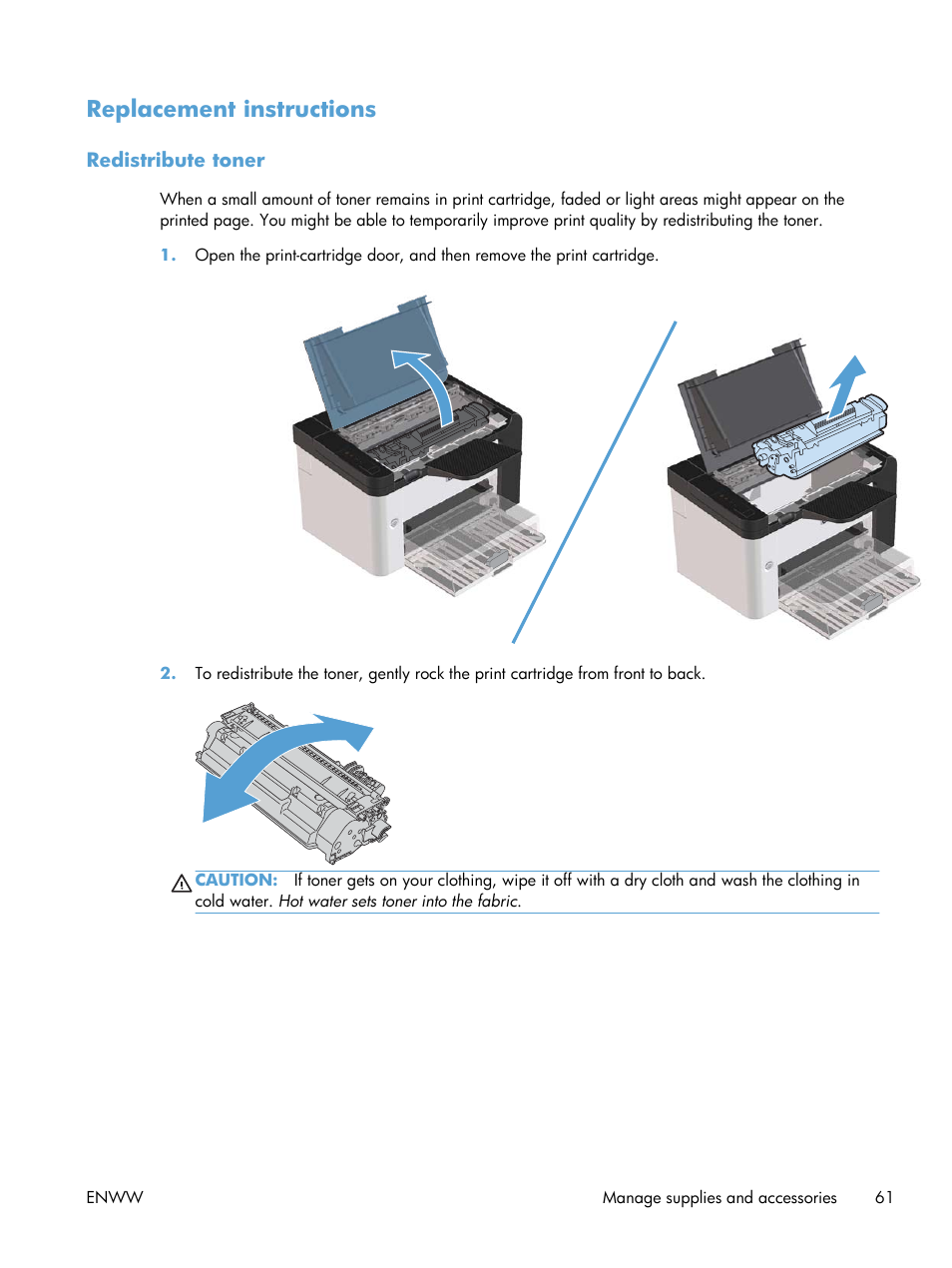 Replacement instructions, Redistribute toner | HP Laserjet p1606dn User Manual | Page 73 / 152