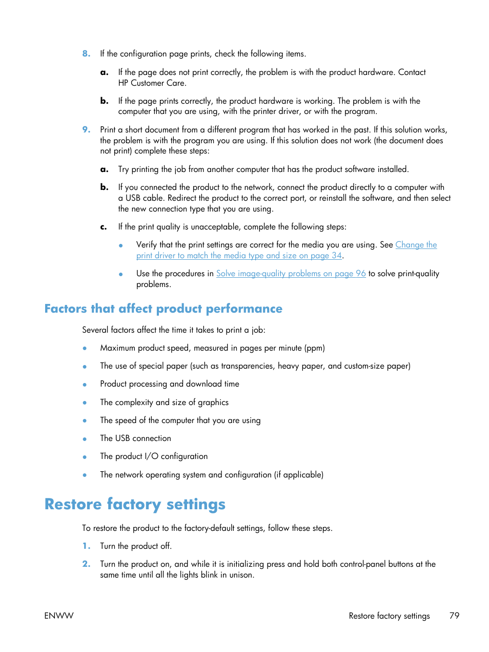 Factors that affect product performance, Restore factory settings | HP Laserjet p1606dn User Manual | Page 91 / 152