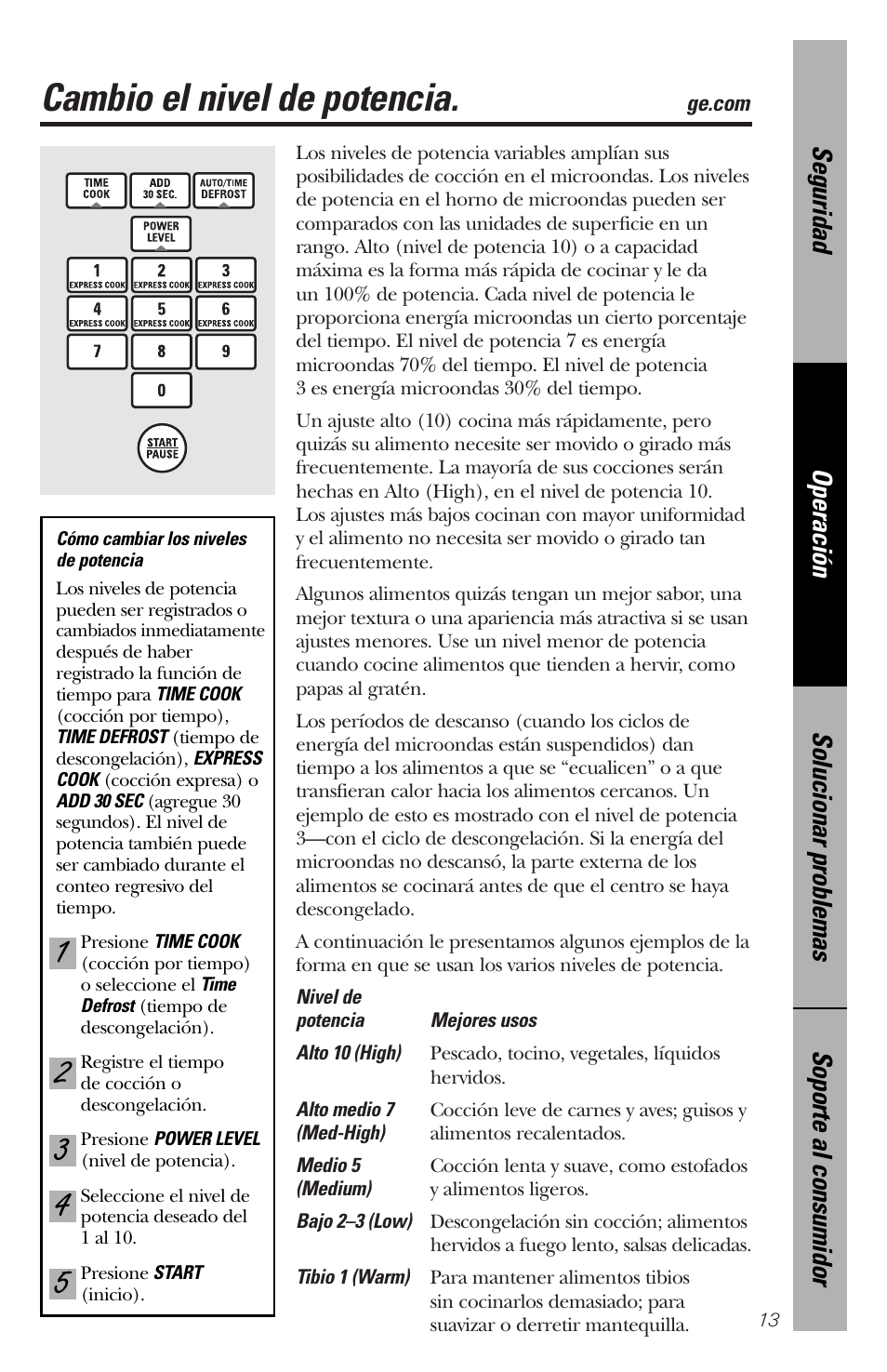 Cambio el nivel de potencia | GE spacemaker xl1800 User Manual | Page 57 / 88