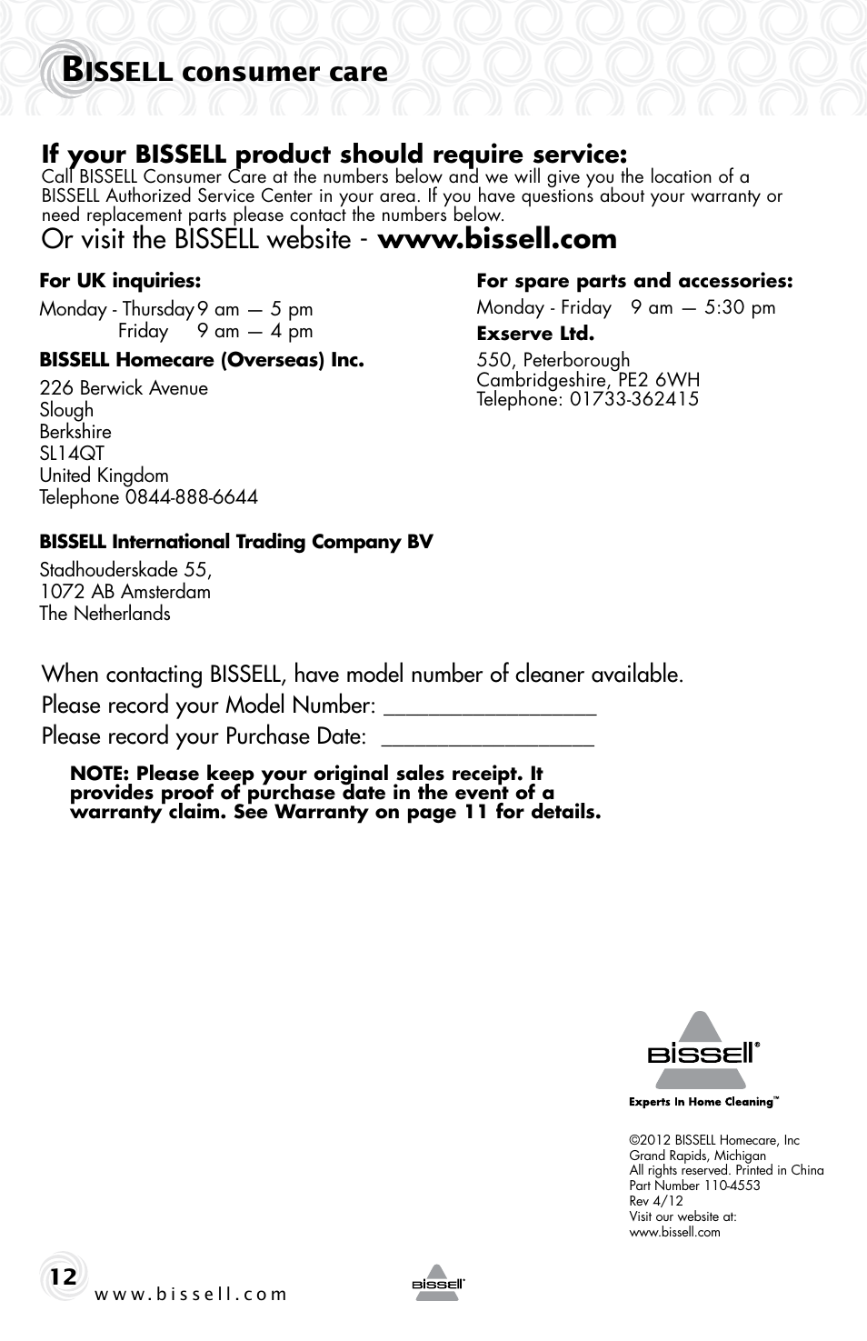 Issell consumer care, If your bissell product should require service | Bissell 4757e User Manual | Page 12 / 12