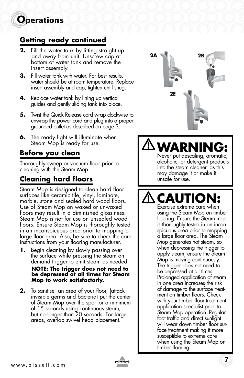 Warning, Caution, Perations | Getting ready continued, Before you clean, Cleaning hard floors | Bissell 1005E User Manual | Page 7 / 12