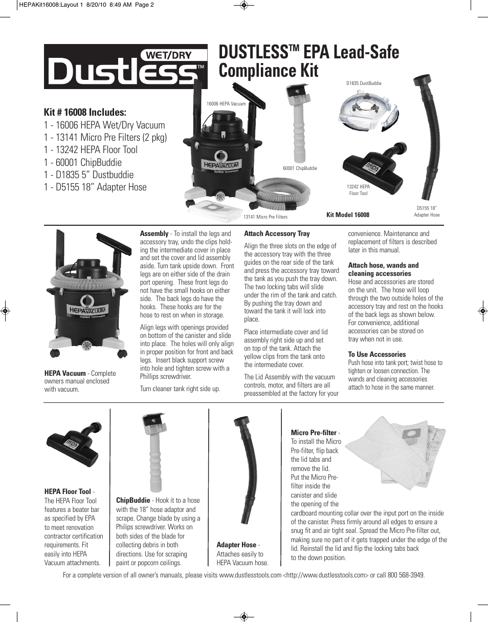 Dustless HEPA Kit 16008 User Manual | 2 pages