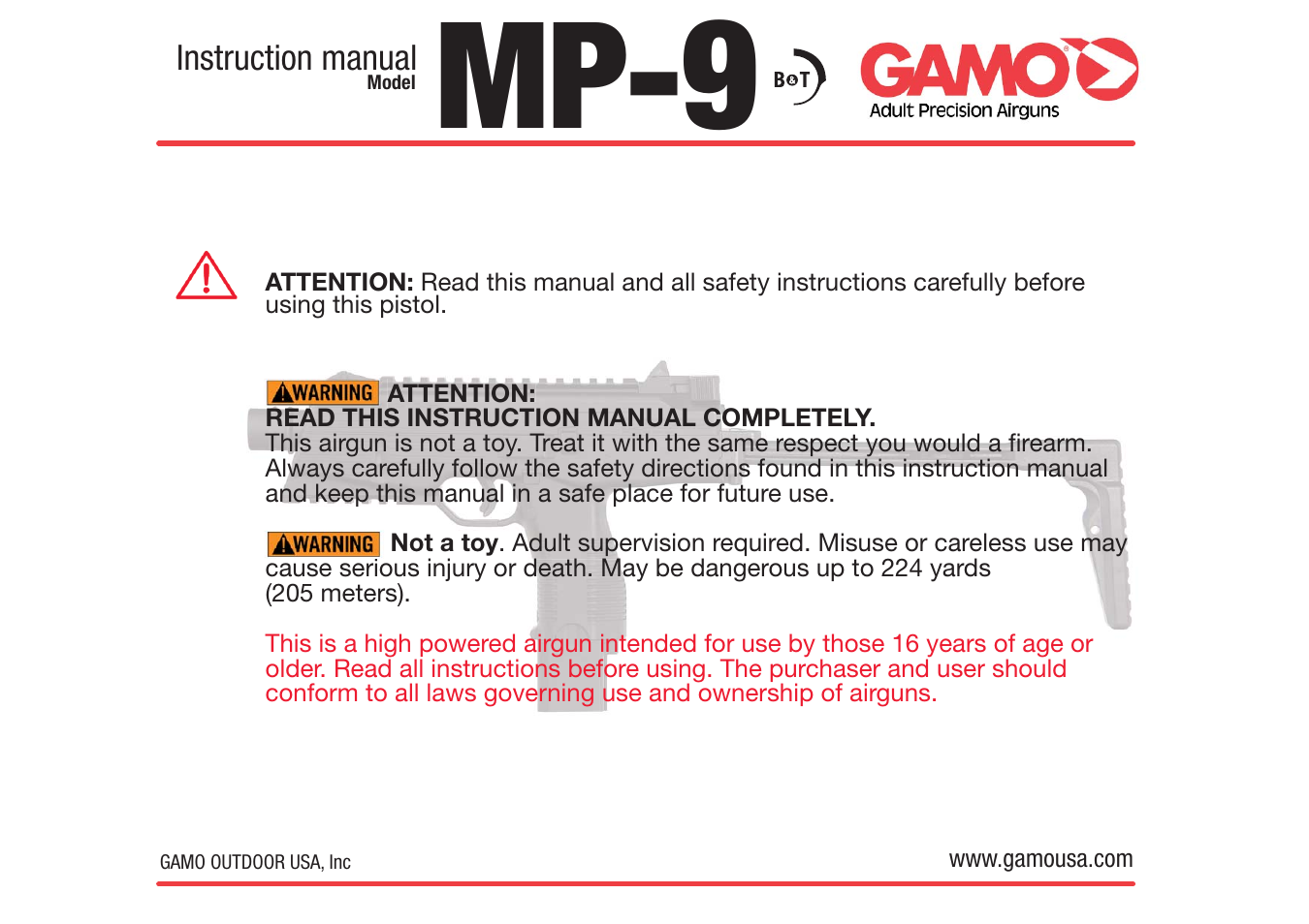 Gamo MP9 Blowback Pistol User Manual | 7 pages