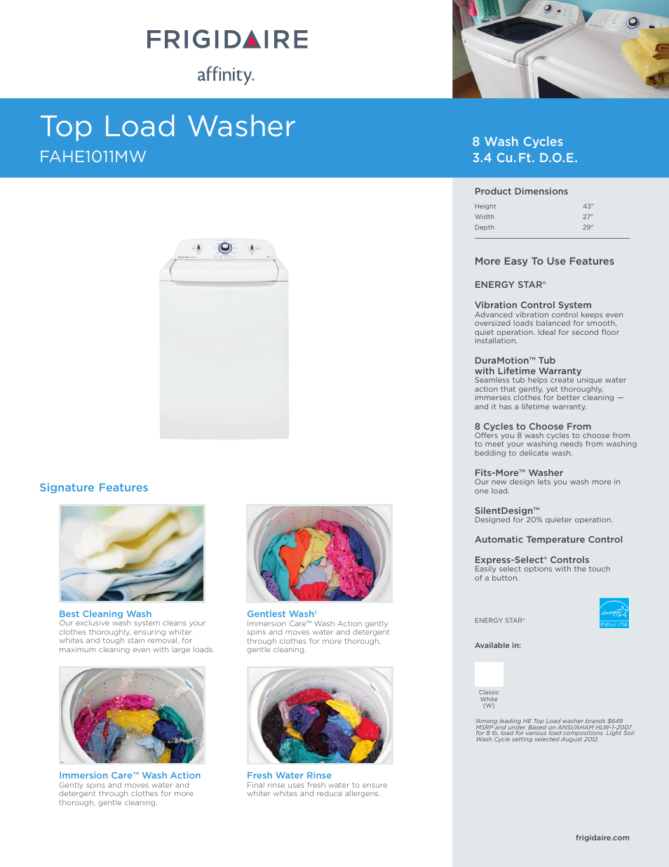 FRIGIDAIRE Affinity Washer FAHE1011MW User Manual | 3 pages