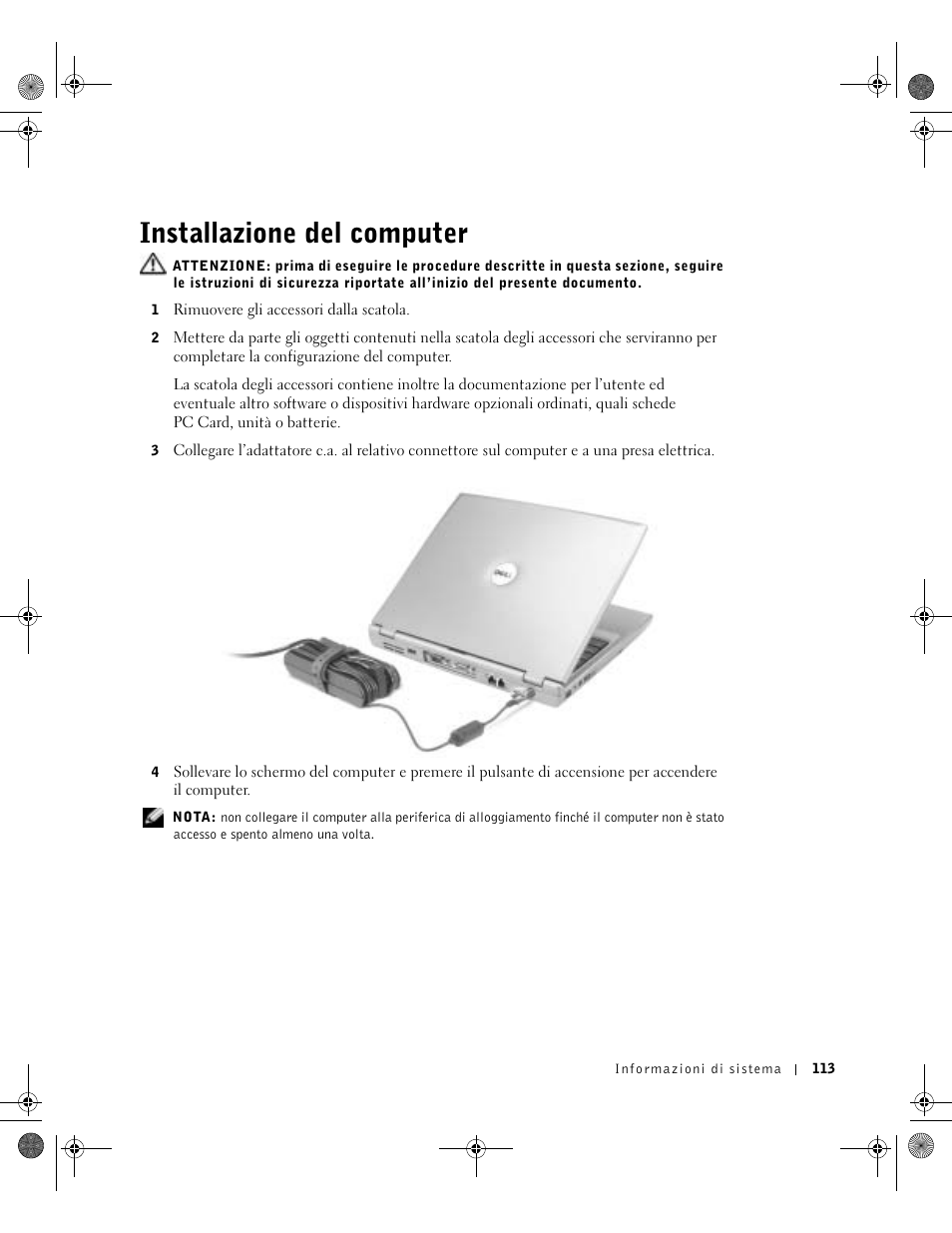 Installazione del computer | Dell LATITUDE D400 User Manual | Page 115 / 178