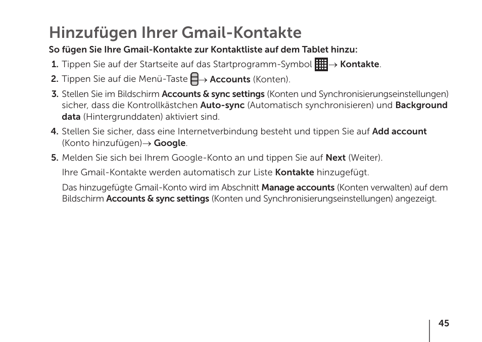 Hinzufügen ihrer gmail-kontakte | Dell STREAK mobile User Manual | Page 47 / 84