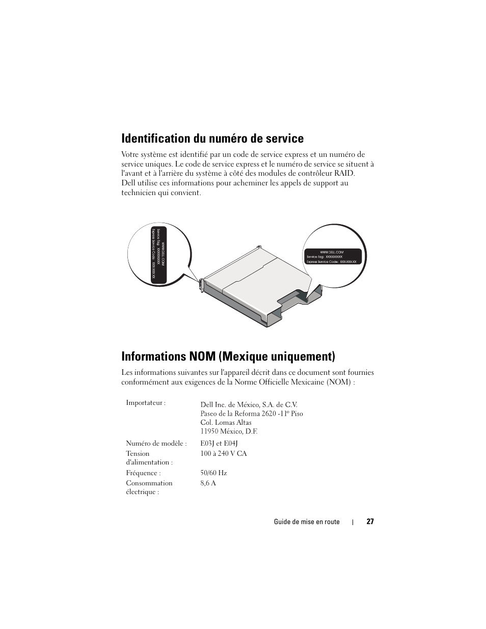 Identification du numéro de service, Informations nom (mexique uniquement) | Dell PowerVault MD3200 User Manual | Page 29 / 76