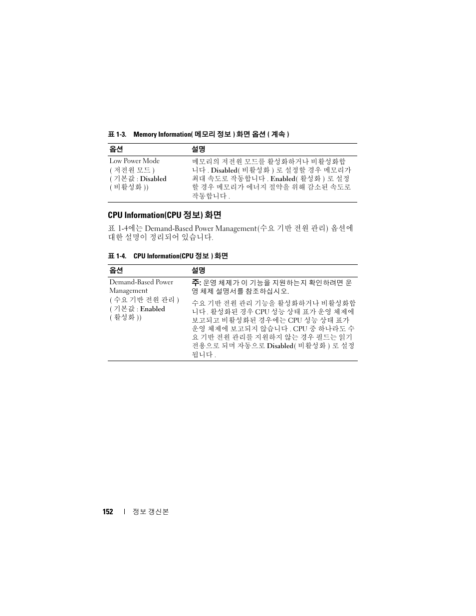 Cpu information(cpu 정보) 화면, Cpu information(cpu, 정보 ) 화면 | Dell POWEREDGE 2950 User Manual | Page 152 / 186