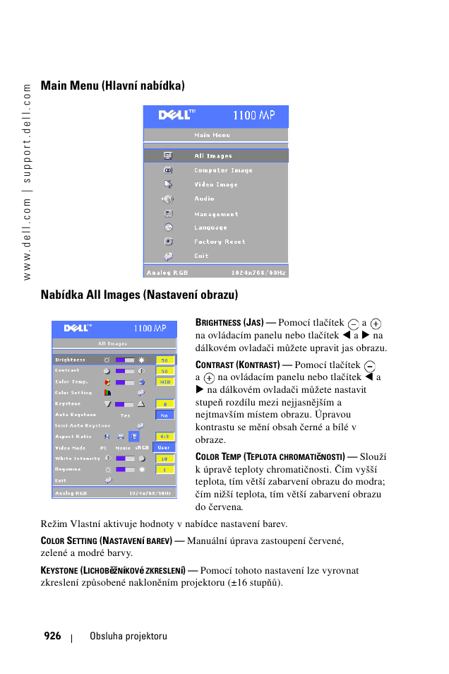 Main menu (hlavní nabídka), Nabídka all images (nastavení obrazu) | Dell 1100MP User Manual | Page 926 / 976