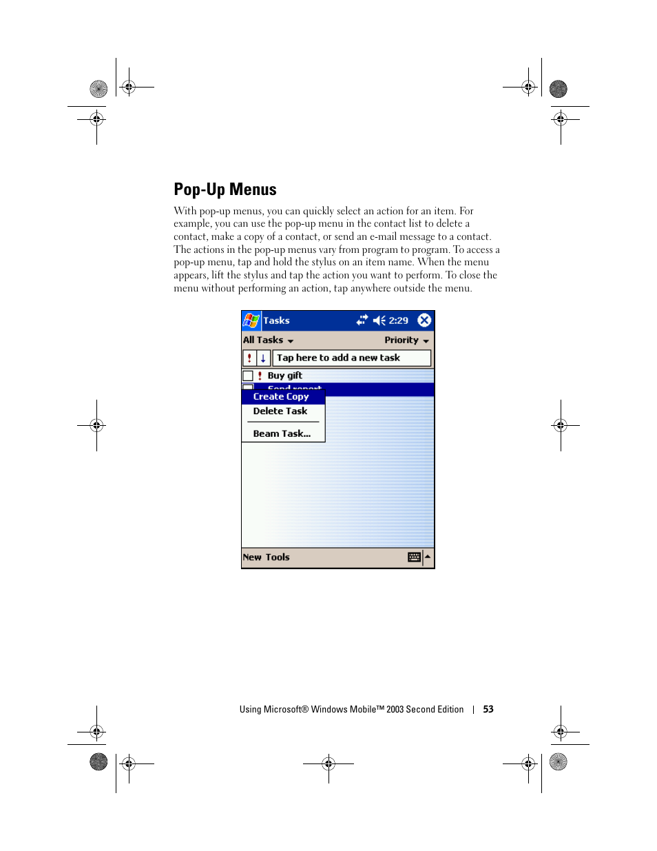 Pop-up menus | Dell AXIM X30 User Manual | Page 53 / 168