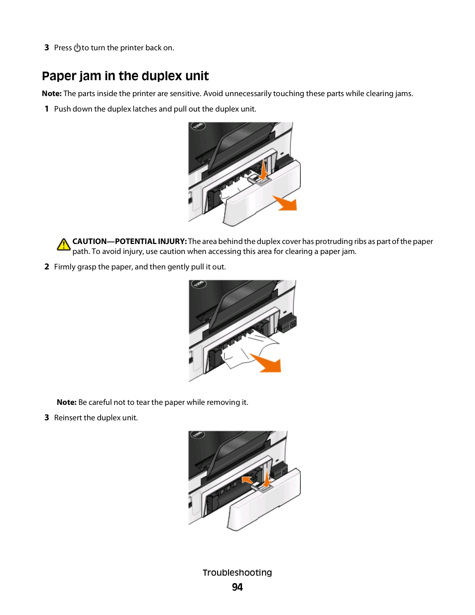 Paper jam in the duplex unit | Dell P513w All In One Photo Printer User Manual | Page 94 / 134
