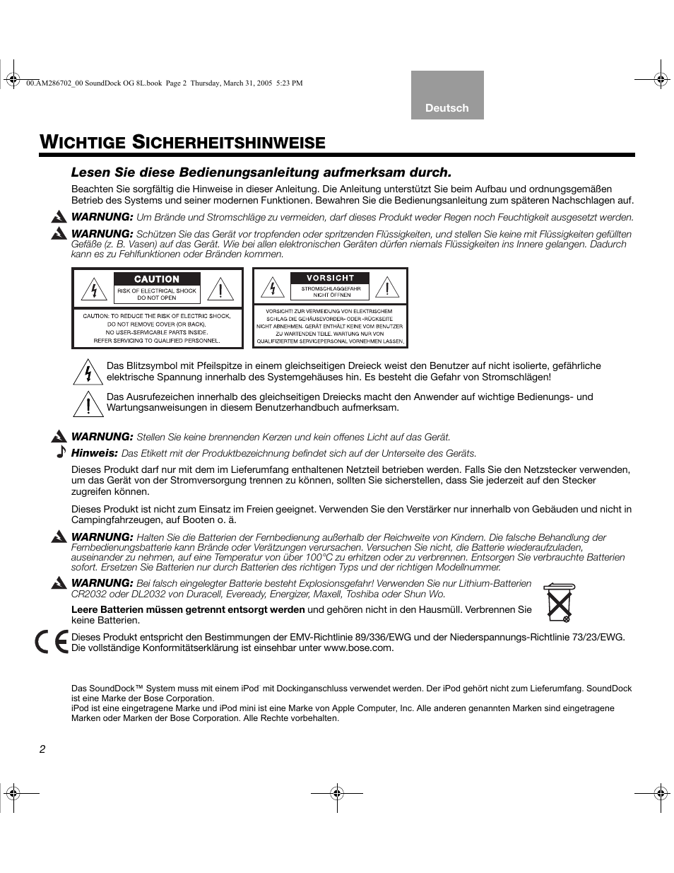 Ichtige, Icherheitshinweise | Bose SoundDock User Manual | Page 20 / 72